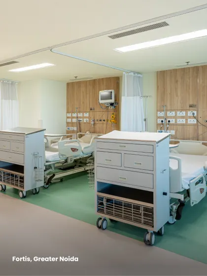 This ward at Fortis, Greater Noida, uses durable, easy-to-clean materials and a color-coded flooring system for intuitive wayfinding. The design balances clinical functionality with a visually organized and calming environment.