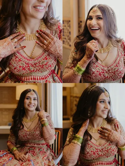 A collage of a bride's happy moments, showing her laughing and admiring her jewelry, capturing her infectious joy and excitement.
