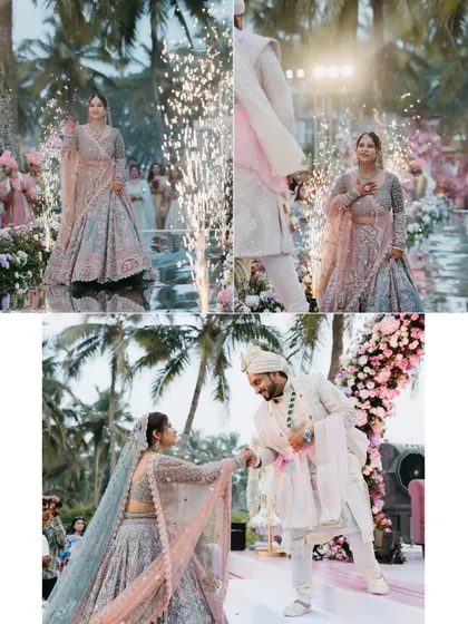 A collage of a wedding ceremony, showing the bride's grand entrance with sparklers and the couple's joyful varmala exchange.
