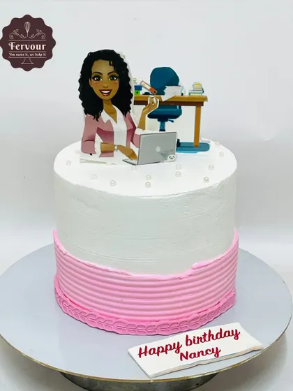 A cake for an admin professional in a corporate office. The simple and clean design features a topper illustrating a woman at her desk, making it a perfect office celebration cake.