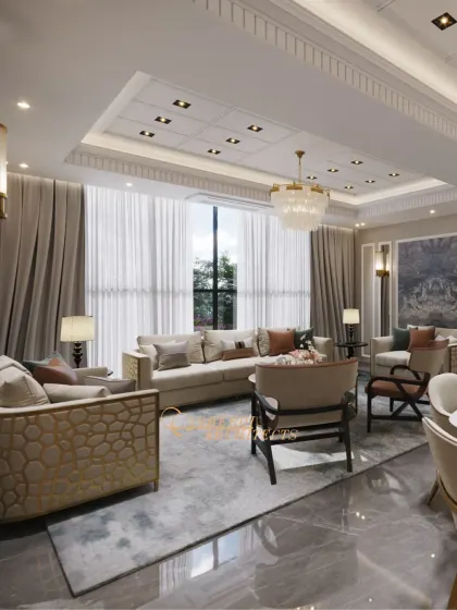 This view highlights the grand scale of the room, with high ceilings and large windows draped in elegant curtains, enhancing the sense of luxury and space.