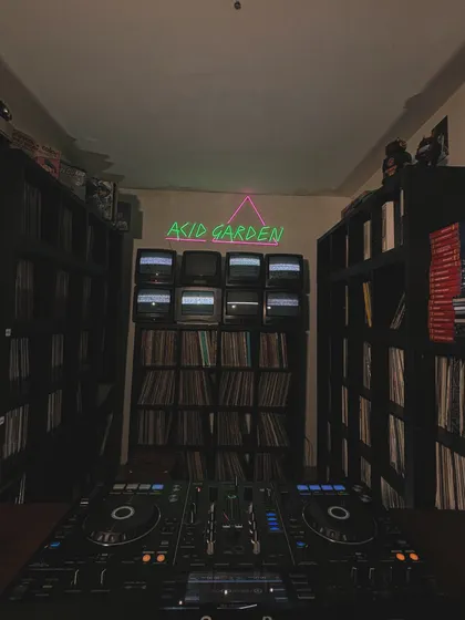 The 'Acid Garden' studio setup at Touch The Wood Radio. I love the vibe of a room filled with records and gear. It's the perfect environment to get in the zone and record a set.