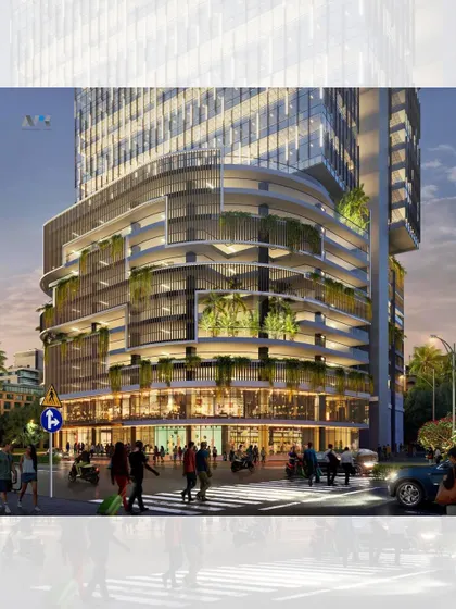 The podium level of Codeword Edge, a new commercial high-rise in Malad, Mumbai. The design integrates retail and public spaces at street level, with nine levels of podium parking and 21 floors of office space above, creating a bustling commercial hub.
