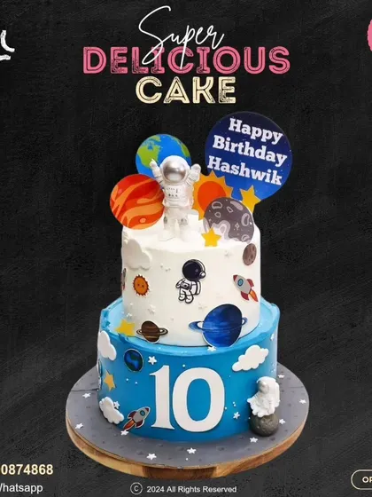 An out-of-this-world space adventure for a 10th birthday! This two-tier cake features an astronaut, planets, and rockets, creating a galactic scene that's perfect for a future space explorer.