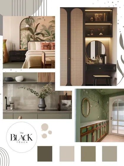 A mood board showcasing a design concept with earthy tones, natural textures, and botanical elements. This is how we begin to visualize the look and feel of a new project.