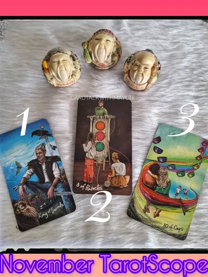 Here are the revealed cards for November 2023: the King of Swords, the 3 of Pentacles, and the 10 of Cups. Each card corresponds to a different path for the month.