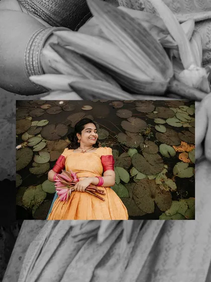 An artistic black and white collage focusing on the bride-to-be surrounded by lily pads.