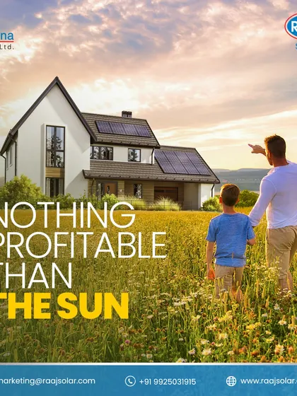 There is nothing more profitable than the sun. This image of a father and son looking at their solar-powered home in a field captures the idea of building a legacy of savings and sustainability.