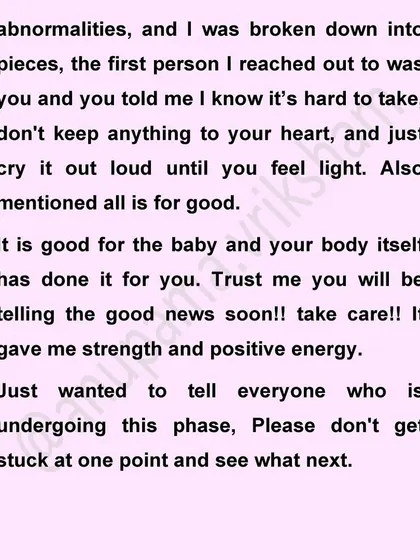 The end of a beautiful message from a student who conceived after a miscarriage. Her advice to others is to not get stuck and see what's next.