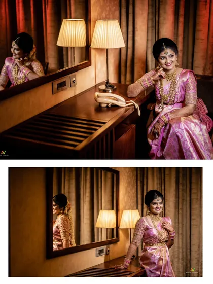A duplicate of image 397, a collage of a bride's elegant portraits in her hotel room.