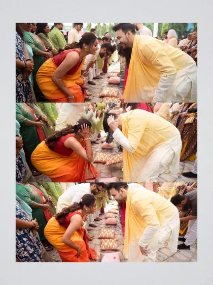 A collage showing a traditional game being played during the pre-wedding festivities. It captures the fun, competitive spirit and laughter shared between the couple.