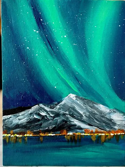 The dance of the Northern Lights, captured on canvas. This is one of our most popular workshops, where I teach you how to blend colors to create the magical glow of the aurora borealis.