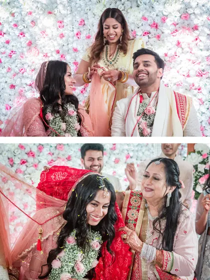 Family members participating in the wedding rituals, wrapping the sacred cloth around the couple, their faces full of smiles.