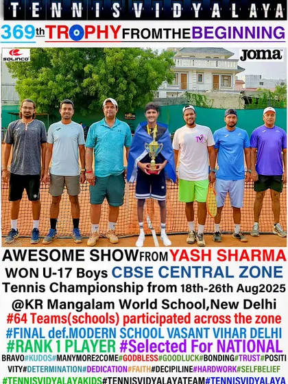 Yash Sharma winning the U-17 CBSE Central Zone Tennis Championship, defeating 64 other school teams.
