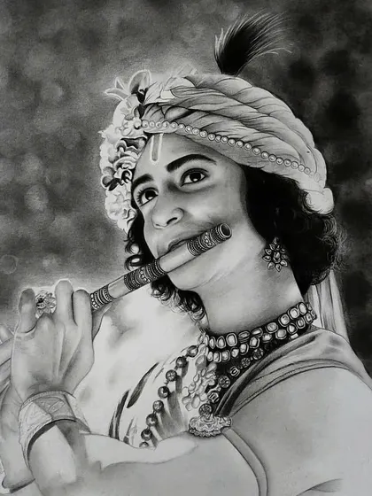 A graphite and charcoal portrait of Krishna playing the flute. This was a Janmashtami special, and I focused on the intricate details of his turban and jewelry.
