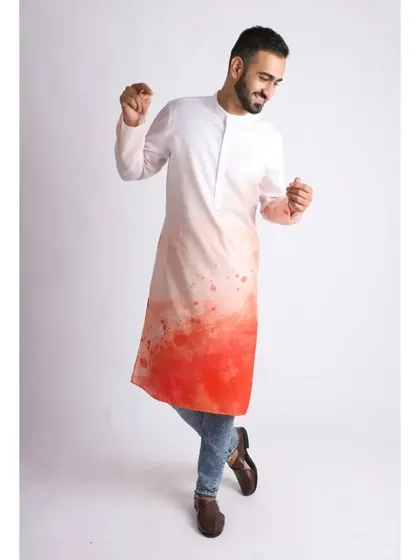 For this hand-dyed kurta, I used a clean white background to make the gradient colors stand out. This type of apparel photography is effective for showing unique, artistic clothing pieces.