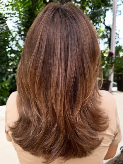 The back view of a layered hair transformation. The layers are cut to create a seamless flow from top to bottom.