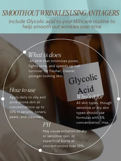 An infographic on Glycolic Acid, an effective anti-ager that minimizes pores, fights acne, and speeds up cell turnover. It's important to use the right concentration for your skin type.