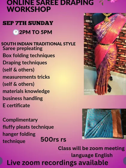 A flyer for one of my online saree draping workshops, detailing the South Indian traditional style syllabus, including pre-pleating and box folding.