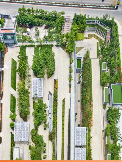 This aerial view of KRC Commerzone in Hyderabad encapsulates our approach to large-scale landscape architecture. We design active, democratic spaces that are not just visually appealing but are engineered to foster community, integrating green corridors, recreational zones, and pedestrian pathways into a cohesive, living ecosystem.