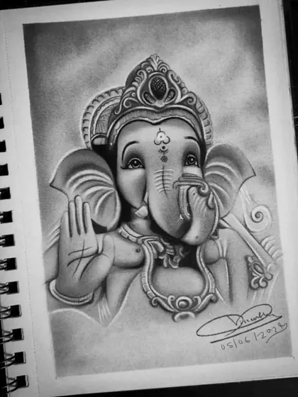 A graphite sketch of Lord Ganesha in my sketchbook. This drawing captures his gentle and wise nature, with his hand raised in a gesture of blessing.