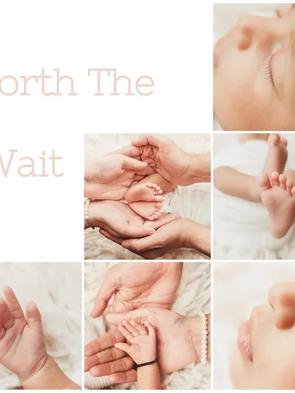 "Worth The Wait." This beautiful collage combines detail shots of hands and feet with a heartfelt message, creating a perfect keepsake.