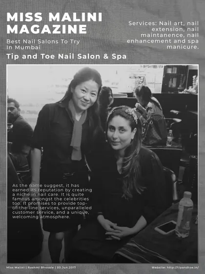 I'm so proud to be recognized by Miss Malini Magazine as one of the best nail salons in Mumbai. My salon has earned its reputation for top-of-the-line services and a unique, welcoming atmosphere.