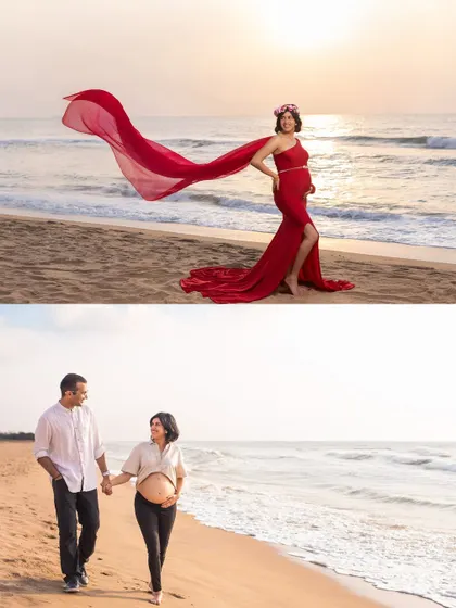 Two beautiful looks in one beach session. We help you style different outfits to give you a wide variety of images, from dramatic gown shots to relaxed walking portraits.