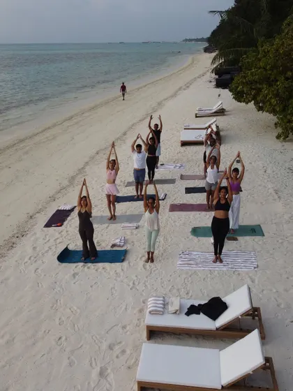 Morning salutations to the sun on the beach. Starting the day with group yoga, feeling the sand beneath our feet and hearing the gentle waves, sets a peaceful tone for our island adventures.