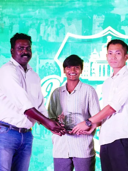 Mariyammal receives her People's Choice award for "Goal of the Season" for her incredible direct corner kick goal.