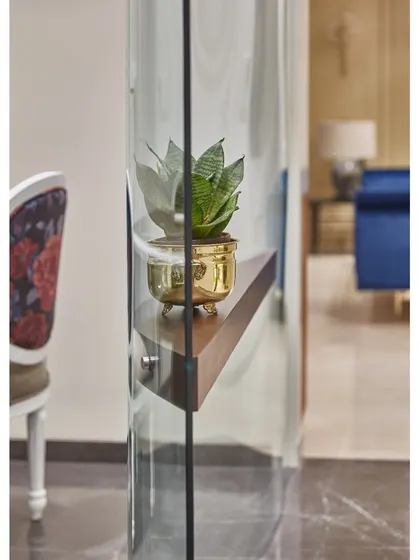 One of my favorite design elements. This striking glass partition with a floating ledge at the entrance grabs attention and adds a touch of privacy, subtly screening the indoors while maintaining an open, airy feel.