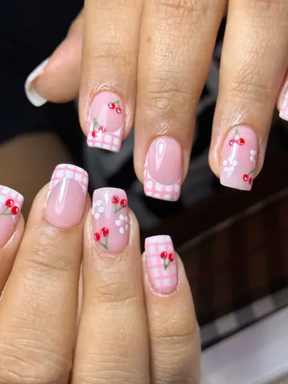 A full view of this adorable cherry and gingham set, showing how the design looks across both hands.