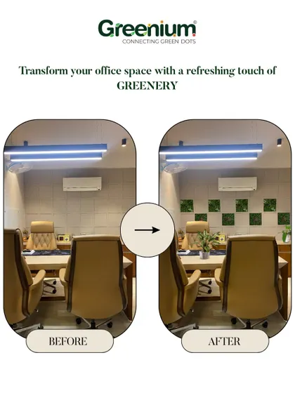 Another office makeover, this time showing how simple square panels of artificial greenery can break up a monotonous wall and add a modern, geometric design element to the room.