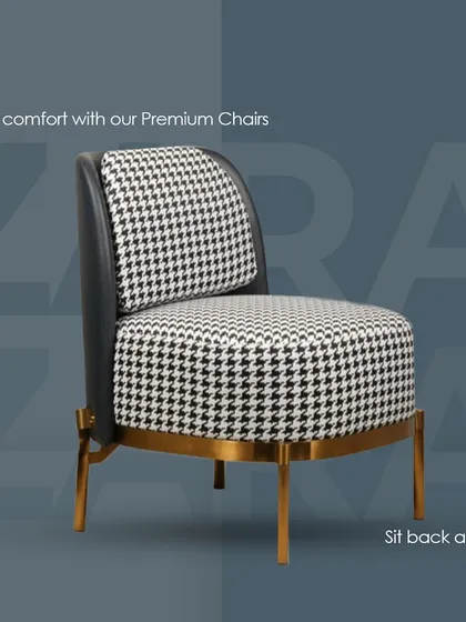 The 'Zara' chair makes a bold statement with its classic houndstooth pattern and gold-finished legs. It's a comfortable and stylish piece for a bedroom or living area.