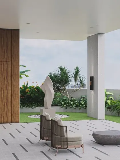A dream visualized. This spacious terrace combines a vertical garden wall with elegant outdoor furniture and a central sculpture, creating a sophisticated and artful space for relaxation and entertaining.