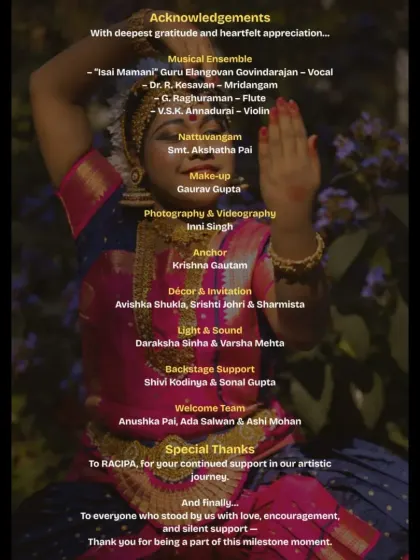 A complete set of promotional materials for my student Ishita Biswas's Arangetram. This includes the official invitation, details about her journey, the event schedule, and a list of acknowledgements, demonstrating the professional scale of the event we organize.
