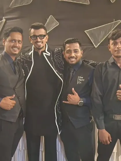 Our team with the groom and his friends at a Sangeet night. We keep the spirits high for all the pre-wedding functions, from the Sangeet to the after-party.