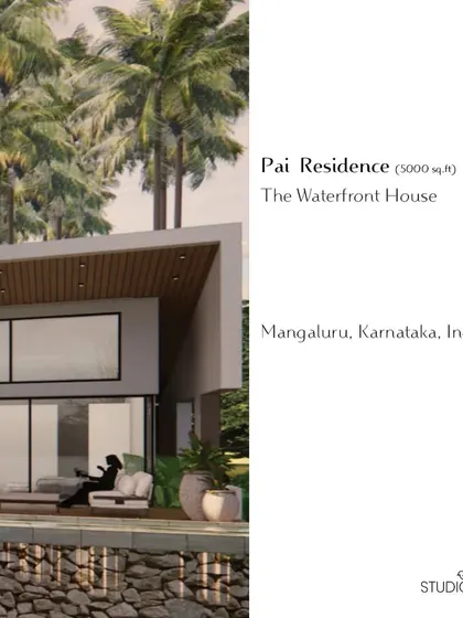 This view of the Pai Residence, a 5000 sq.ft waterfront home, shows the private bedroom deck overlooking the infinity pool and the areca nut plantations beyond. The design prioritizes privacy and a direct connection to the stunning natural surroundings.
