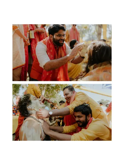 A collage showing friends enthusiastically applying haldi to the groom, capturing the fun and sometimes mischievous nature of the ceremony.