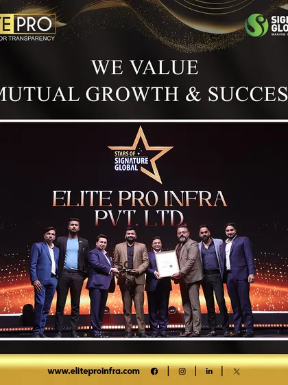 On stage receiving the 'Star of Signature Global' award. Being recognized as a Top Performing Channel Partner by Signature Global reflects our mutual commitment to growth and success.