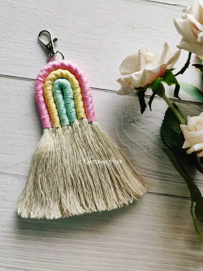 A new design for my popular macrame rainbow keychains, this one with a longer fringe. These are great sustainable accessories and gifts for any occasion.