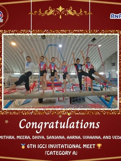 Our talented team of girls posing on the balance beam after their incredible performance at the 6th IGCI Invitational Meet. Their teamwork and passion are truly inspiring.
