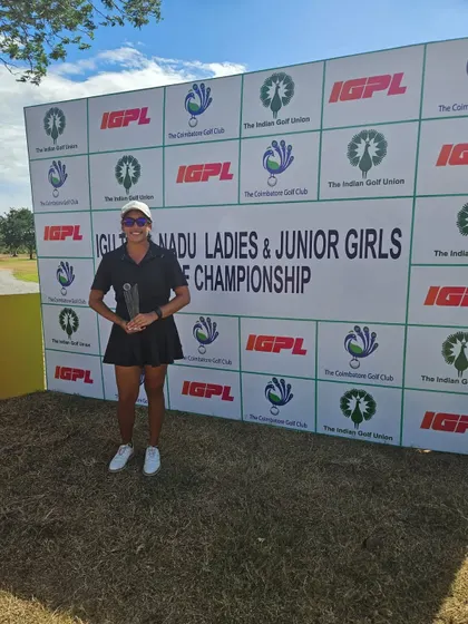 Alysha Dutt stands proudly with her trophy in front of the championship banner. We congratulate her on winning Category A and finishing as Runner-Up in the Combined A+B Category at the IGU Tamil Nadu Ladies & Junior Girls Golf Championship.