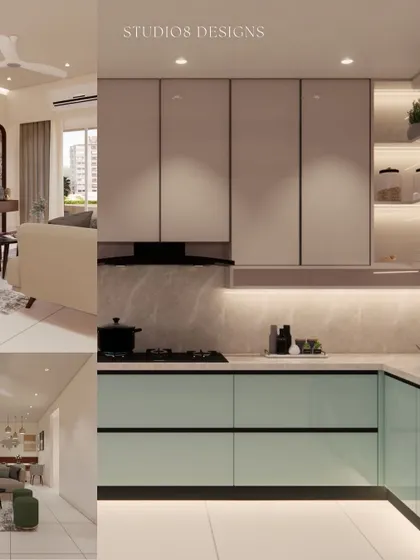 This image highlights the kitchen from our 3+1 BHK project, featuring a lovely two-tone design with mint green and off-white cabinets for a fresh and modern feel.