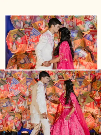A diptych showing the couple sharing a kiss and a dance against a colorful backdrop of umbrellas. It’s a vibrant and playful capture of their Sangeet celebration.