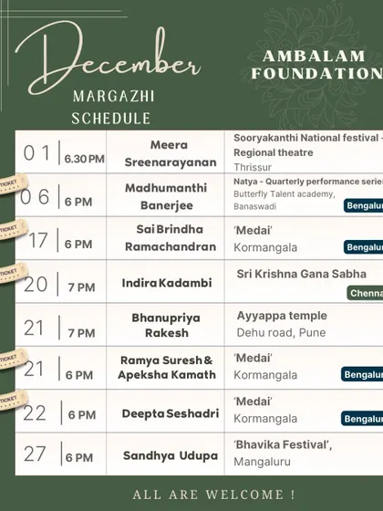 The December Margazhi schedule for the Ambalam Foundation, with performances in Thrissur, Bengaluru, Chennai, and Pune.