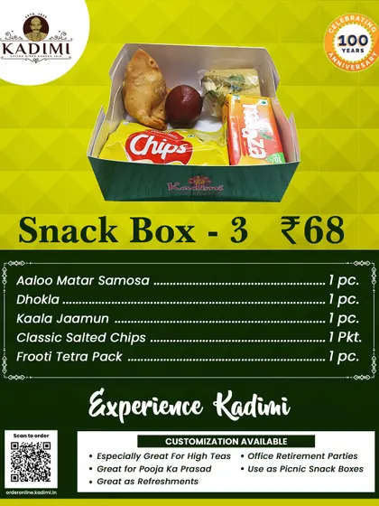 Snack Box 3 is a great mix of savoury and sweet, with an Aloo Matar Samosa, Dhokla, Kaala Jaamun, chips, and a drink.