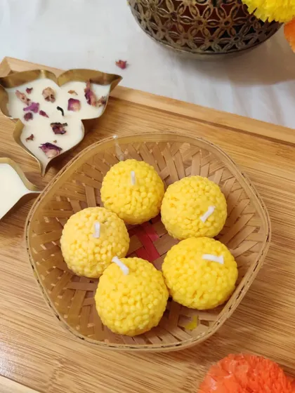 A basket of our motichoor ladoo candles, ready to be gifted. They look just like the real thing.