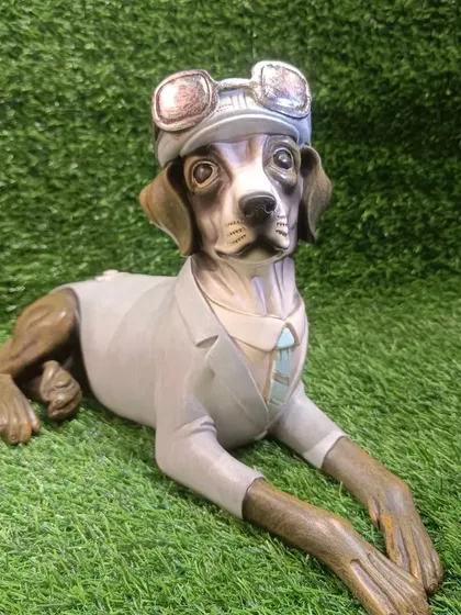 A frontal view of the relaxing dog showpiece, capturing its calm and dignified expression.