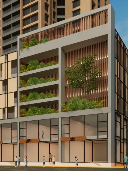 This detail shot focuses on the green facade and open-air terraces of the Borivali tower. We incorporate biophilic design elements like these to introduce nature into the vertical structure, improving aesthetics and promoting resident well-being.